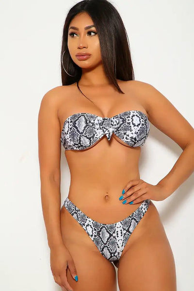 White Black Snake Print Halter Cheeky Two Piece Swimsuit - AMIClubwear