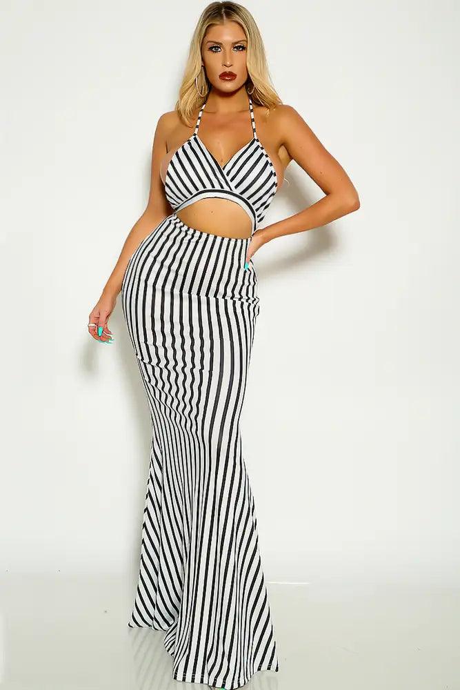 White Black Stripe Halter Cut Out Maxi Dress - AMIClubwear