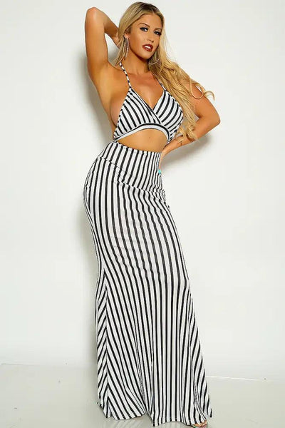 White Black Stripe Halter Cut Out Maxi Dress - AMIClubwear