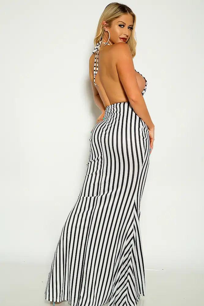 White Black Stripe Halter Cut Out Maxi Dress - AMIClubwear