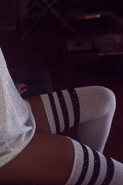 White Black Striped Rhinestone Thigh High Socks - AMIClubwear
