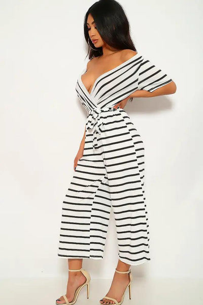 White Black Striped Short Sleeve Jumpsuit - AMIClubwear