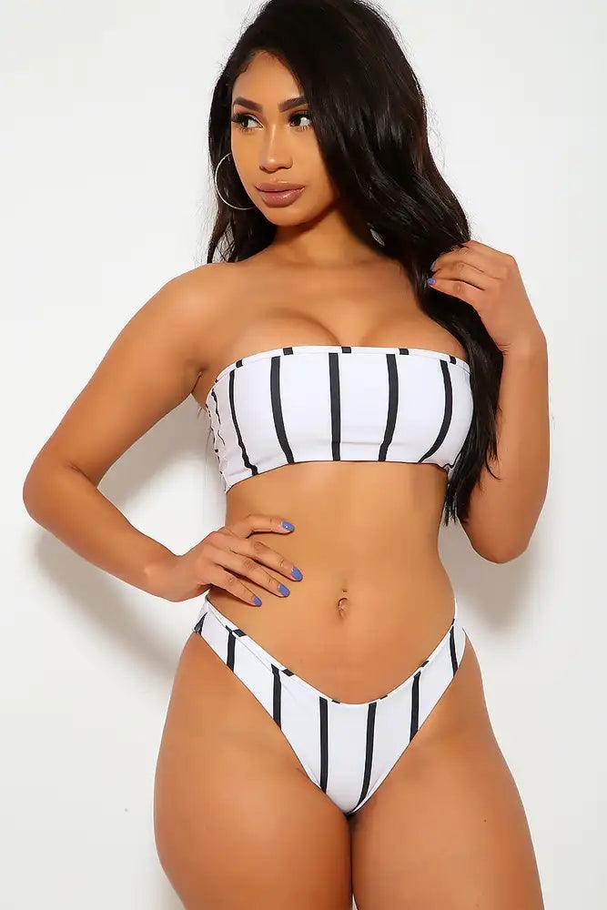 White Black Two Piece Striped Bandeau Swimsuit - AMIClubwear