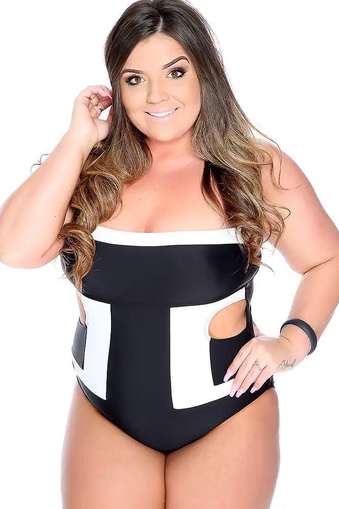 White Black Two Tone Cut Out Plus Size Swimsuit - AMIClubwear