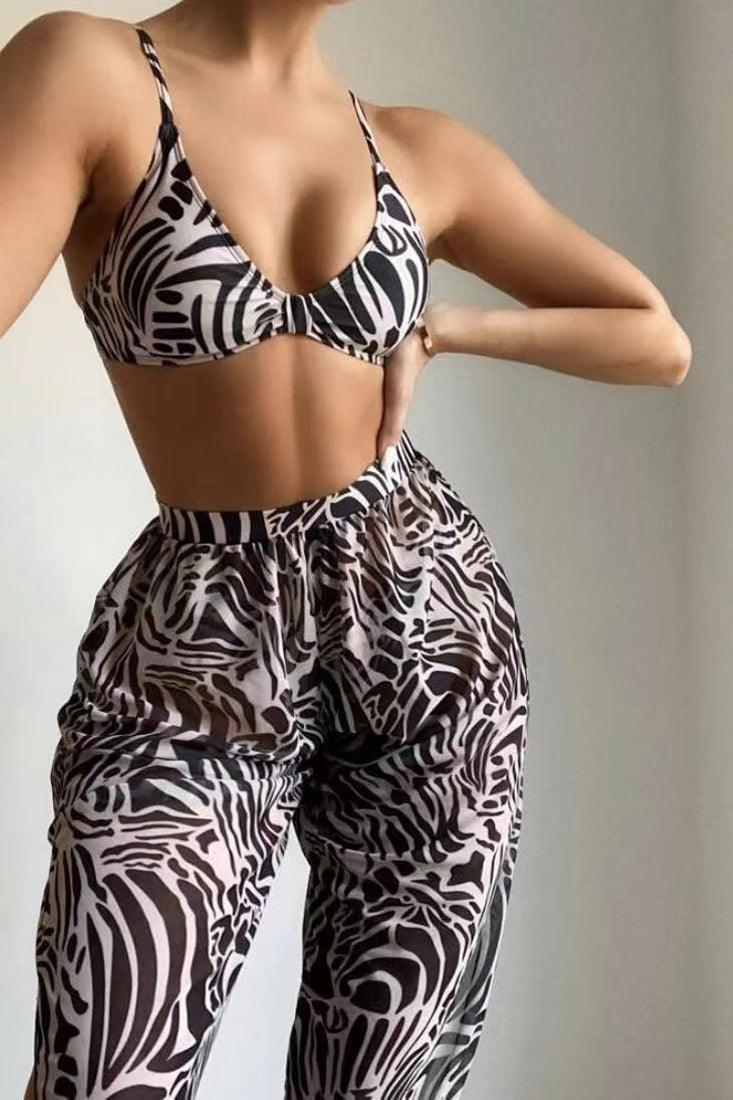 White Black Zebra Print Sexy Three Piece Swimsuit - AMIClubwear