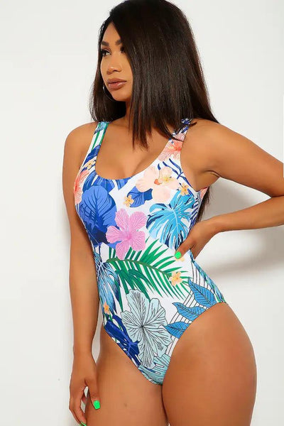 White Blue Floral Print One Piece Swimsuit - AMIClubwear