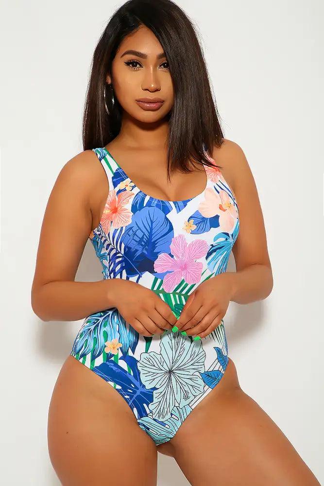 White Blue Floral Print One Piece Swimsuit - AMIClubwear