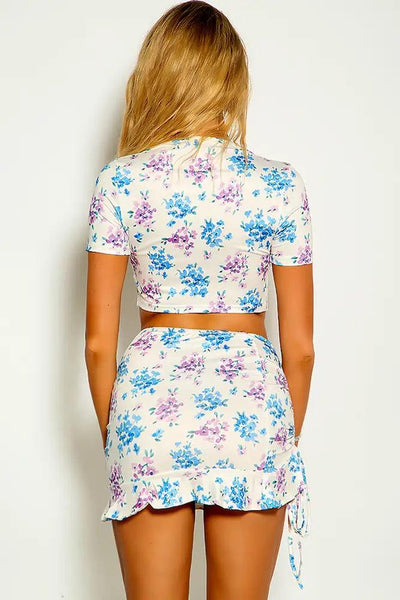 White Blue  Floral Print Short Sleeve Front Ruched Tie Two Piece Dress - AMIClubwear