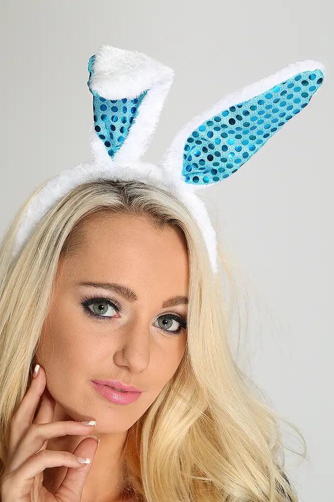 White Blue Sequin Faux Fur Bunny Ears - AMIClubwear