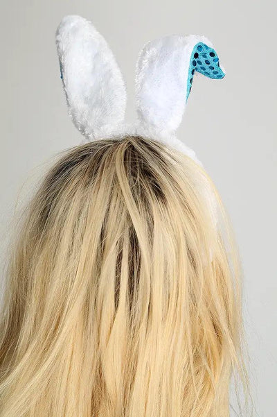 White Blue Sequin Faux Fur Bunny Ears - AMIClubwear