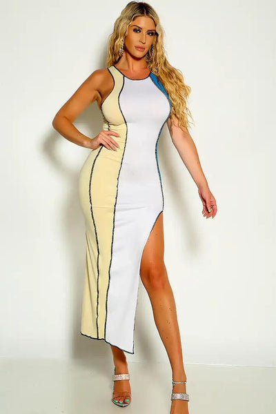 White Blue Sleeveless Stitched Detail Side Slit Dress - AMIClubwear