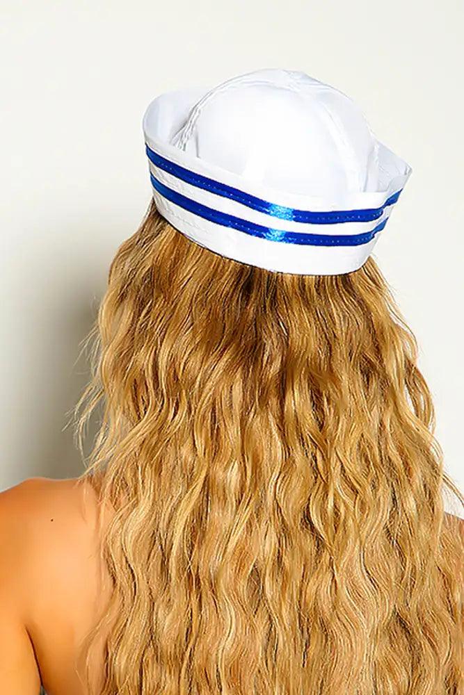 White Blue Striped Anchor Detail Sailor Hat Costume Accessory - AMIClubwear