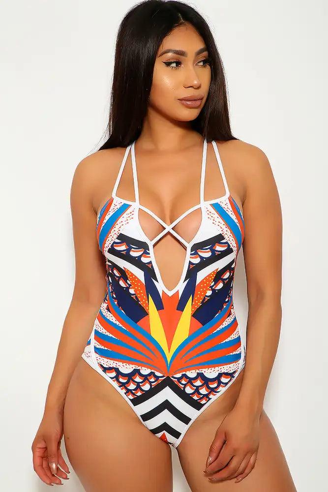 White Brown Graphic One Piece Swimsuit - AMIClubwear
