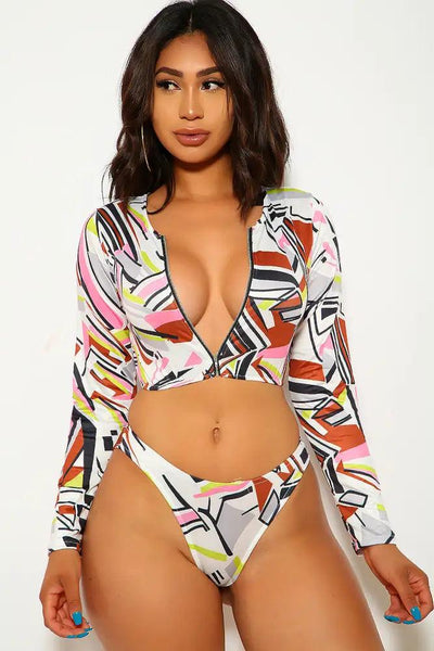 White Brown Long Sleeves Crop Top Two Piece Swimsuit - AMIClubwear