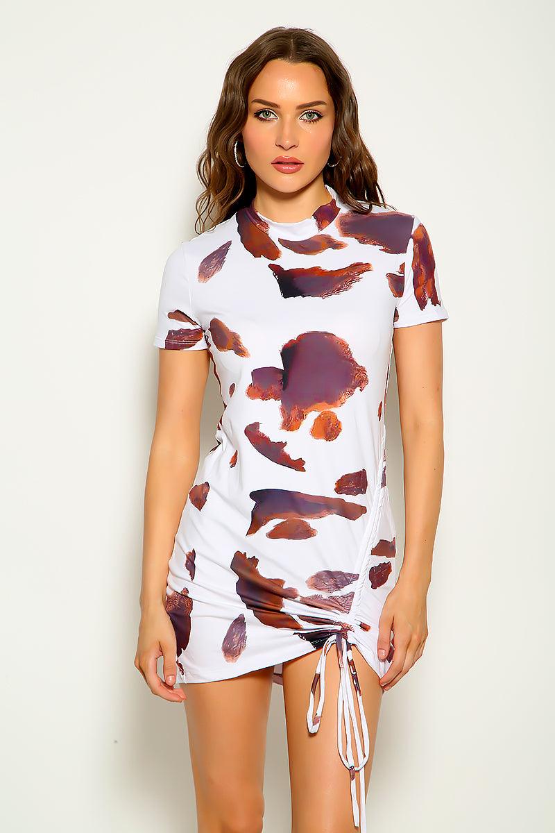White Brown Printed Short Sleeve Sexy Party Dress - AMIClubwear