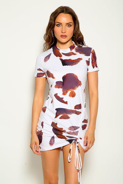 White Brown Printed Short Sleeve Sexy Party Dress - AMIClubwear