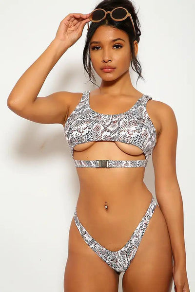 White Brown Snake Animal Print Two Piece Swimsuit - AMIClubwear