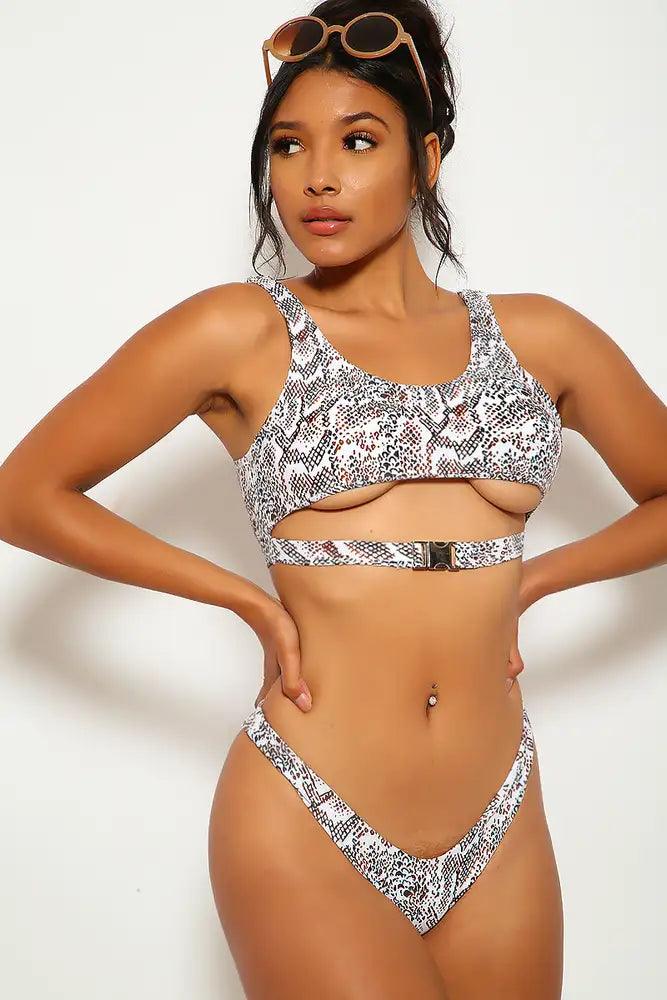 White Brown Snake Animal Print Two Piece Swimsuit - AMIClubwear