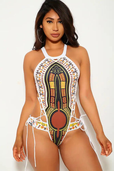 White Brown Tribal Print One Piece Swimsuit - AMIClubwear