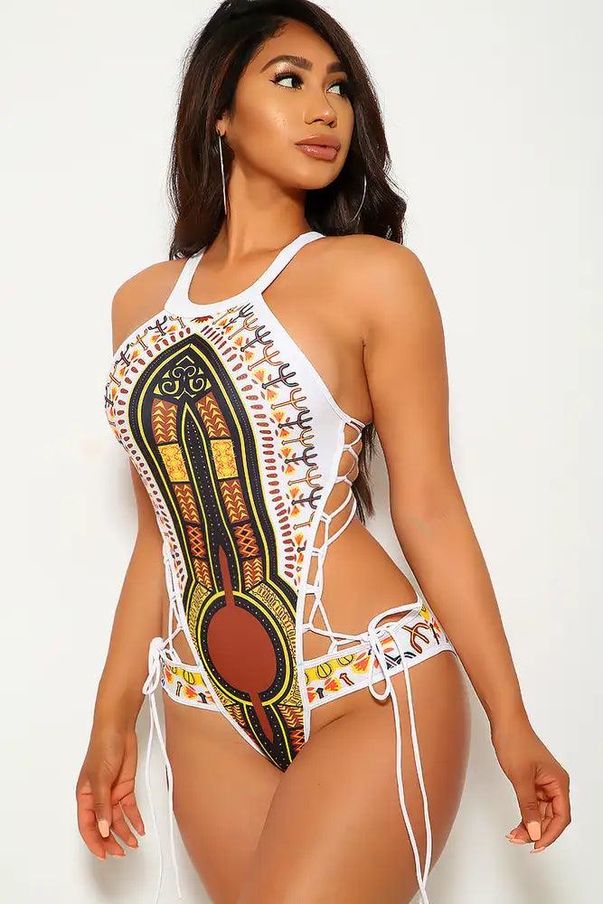 White Brown Tribal Print One Piece Swimsuit - AMIClubwear