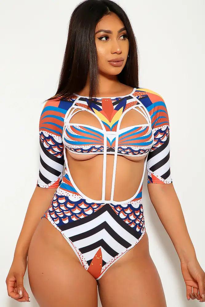 White Brown Tropical One Piece Swimsuit - AMIClubwear