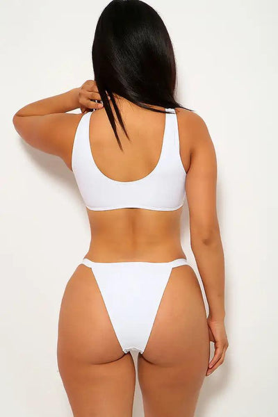 White Buckle Accent Two Piece Swimsuit - AMIClubwear