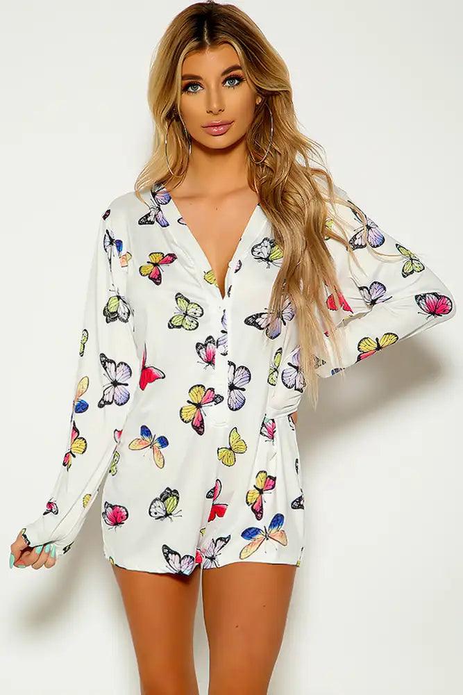 White Butterfly Print Button Up Romper - AMIClubwear