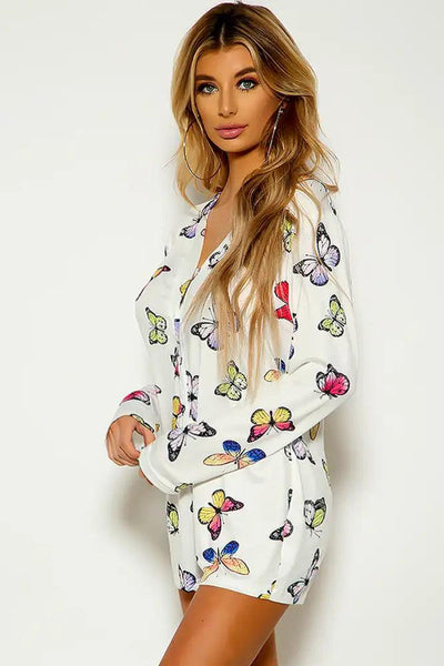 White Butterfly Print Button Up Romper - AMIClubwear