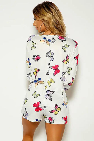 White Butterfly Print Button Up Romper - AMIClubwear