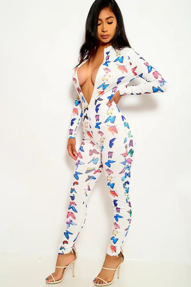 White Butterfly Print Casual Jumpsuit - AMIClubwear