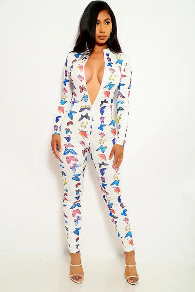 White Butterfly Print Casual Jumpsuit - AMIClubwear
