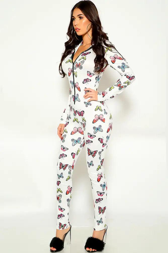 White Butterfly Print Front Zipper Jumpsuit - AMIClubwear