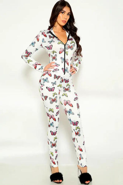 White Butterfly Print Front Zipper Jumpsuit - AMIClubwear