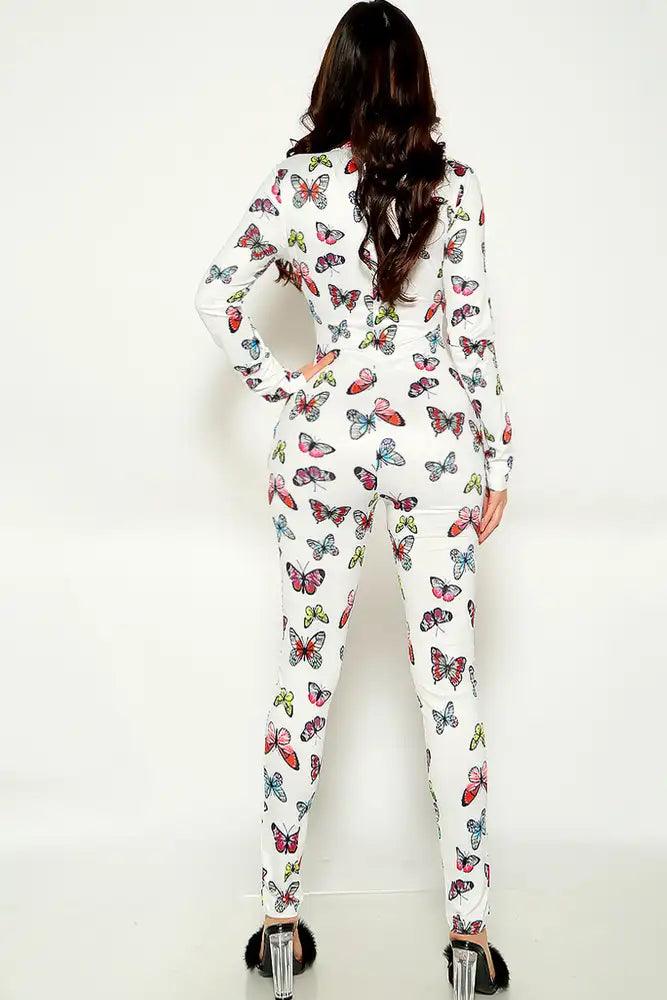 White Butterfly Print Front Zipper Jumpsuit - AMIClubwear