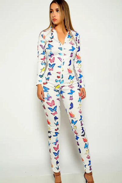 White Butterfly Print Long Sleeve Jumpsuit - AMIClubwear