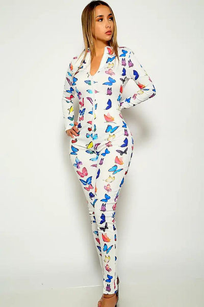 White Butterfly Print Long Sleeve Jumpsuit - AMIClubwear