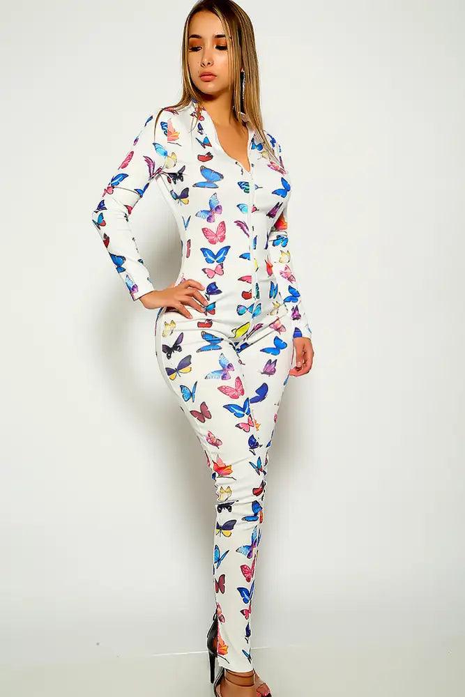 White Butterfly Print Long Sleeve Jumpsuit - AMIClubwear