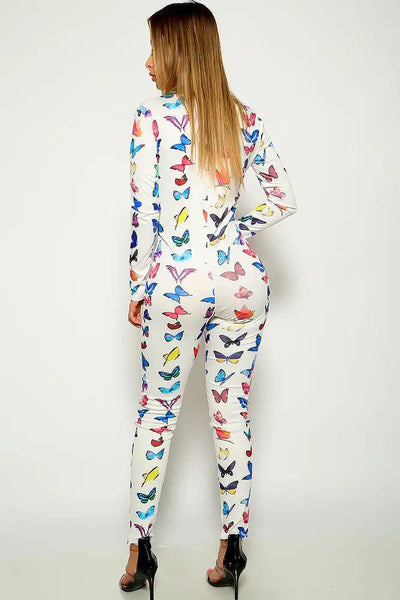 White Butterfly Print Long Sleeve Jumpsuit - AMIClubwear