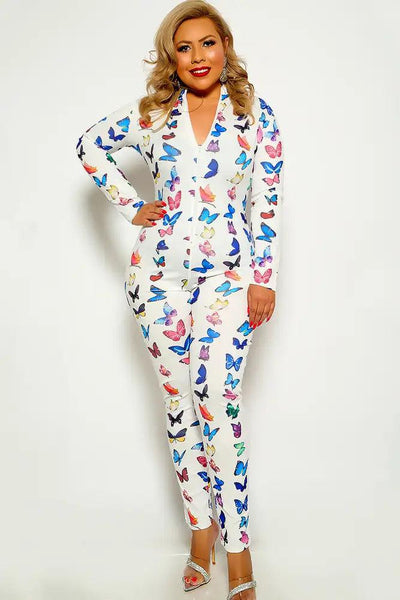 White Butterfly Print Long Sleeve Plus Size Jumpsuit - AMIClubwear