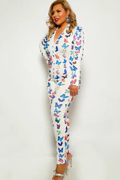 White Butterfly Print Long Sleeve Plus Size Jumpsuit - AMIClubwear