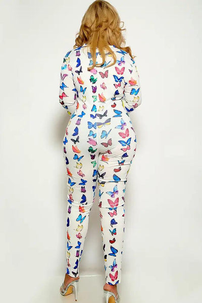 White Butterfly Print Long Sleeve Plus Size Jumpsuit - AMIClubwear