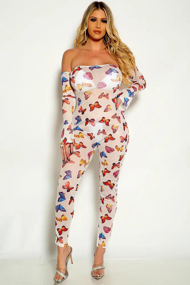 White Butterfly Print Mesh Off The Shoulder Jumpsuit - AMIClubwear