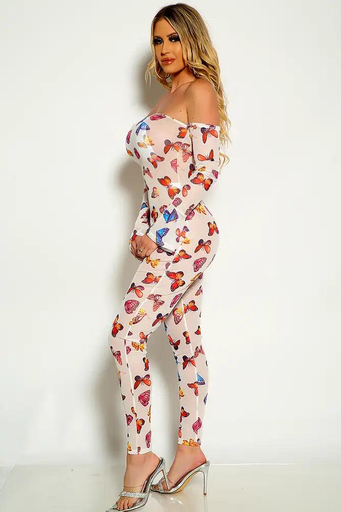 White Butterfly Print Mesh Off The Shoulder Jumpsuit - AMIClubwear