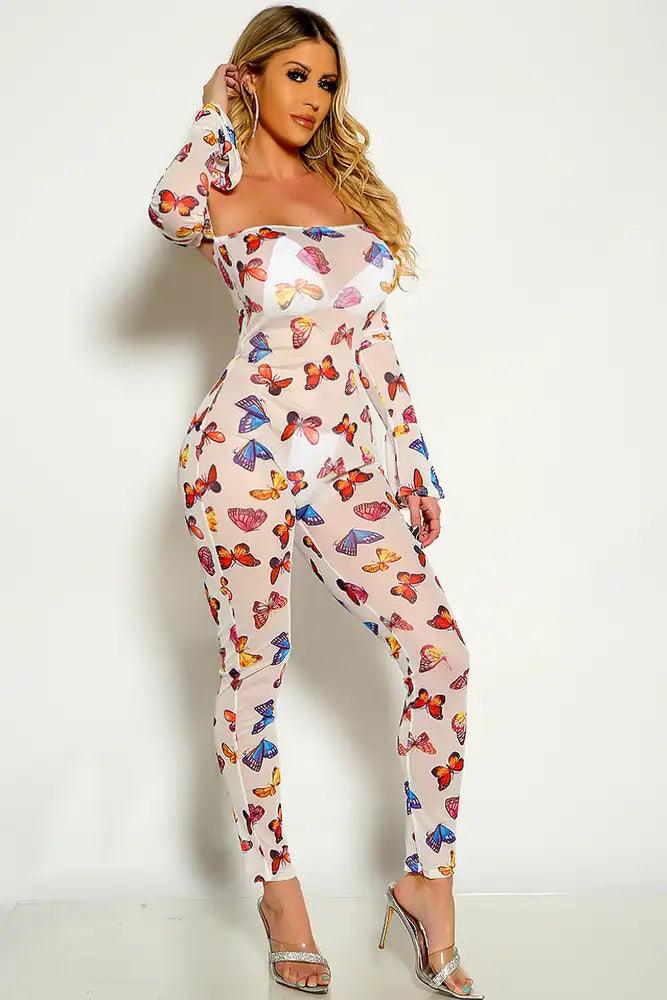 White Butterfly Print Mesh Off The Shoulder Jumpsuit - AMIClubwear