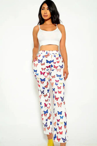 White Butterfly Print Pants - AMIClubwear