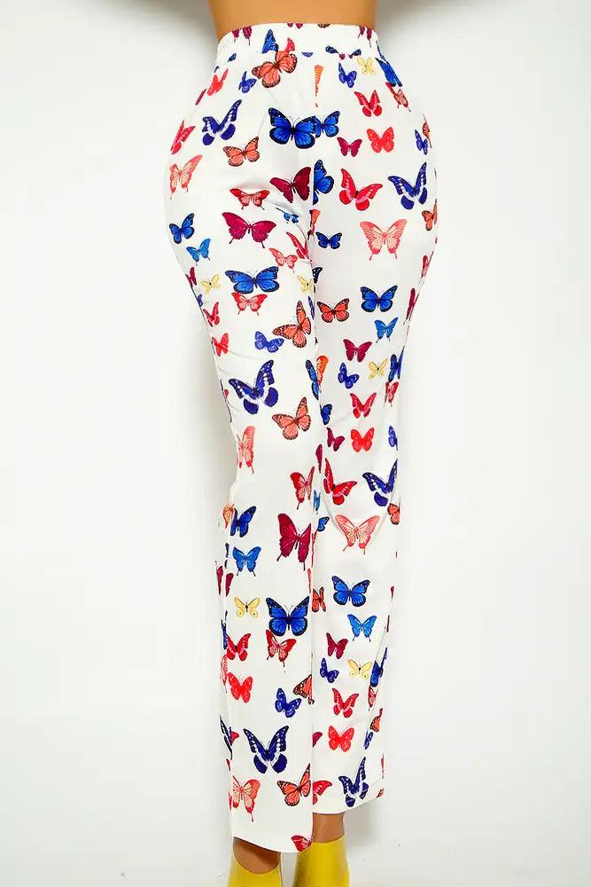 White Butterfly Print Pants - AMIClubwear