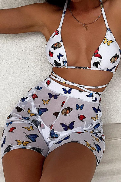 White Butterfly Print Sexy Strappy Three Piece Swimsuit - AMIClubwear