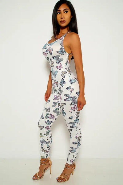 White Butterfly Print Sleeveless Jumpsuit - AMIClubwear