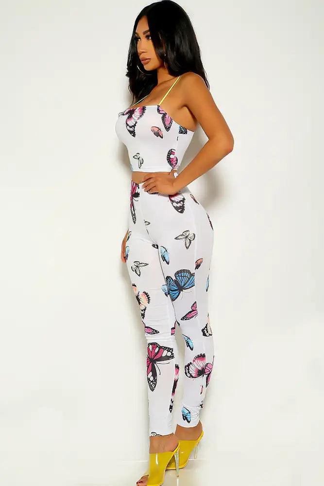 White Butterfly Print Sleeveless Two Piece Outfit - AMIClubwear