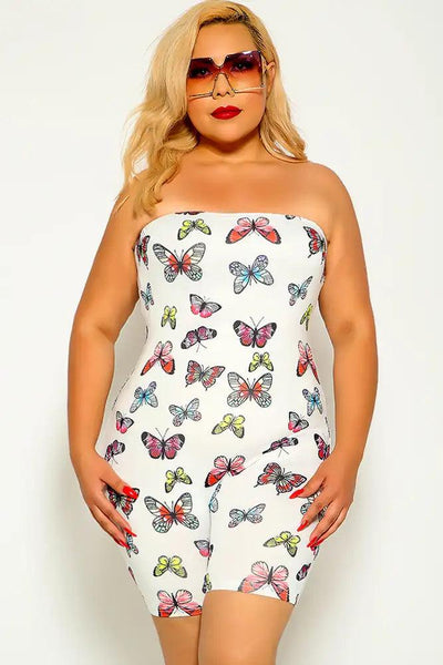 White Butterfly Print Strapless Plus Size Romper - AMIClubwear